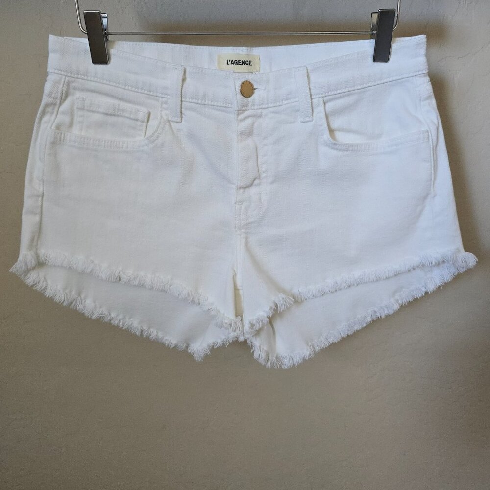 L'AGENCE Zoe White Frayed Cutoff Denim Shorts Size 27 Stretchy High Rise - Picture 2 of 15